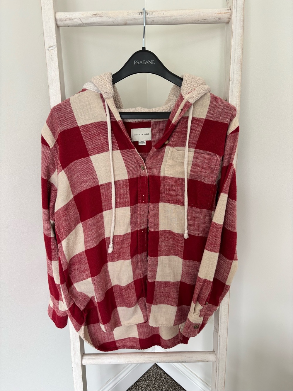 American Eagle Red & Cream Plaid Sherpa Hoodie